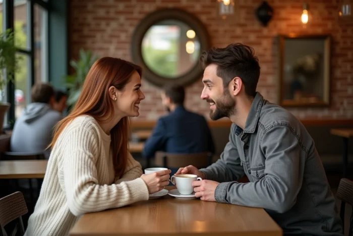 Couple partageant un café dans un bistrot parisien chaleureux, conversation intime et expressions naturelles