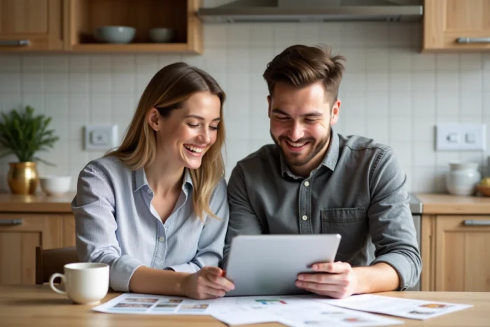 Couple comparant des annonces de location immobilière sur tablette et documents imprimés dans une cuisine moderne de style scandinave