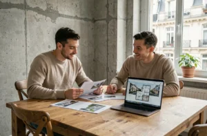 Couple consultant des brochures immobilières neuves pour choisir un programme adapté à leur budget