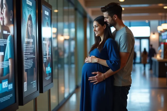 Couple dont la femme est enceinte consultant le programme dans le hall lumineux d'un cinéma moderne