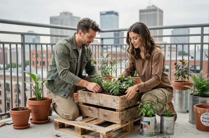Couple installant un jardin vertical sur un balcon urbain avec des palettes de bois recyclé et des plantes aromatiques