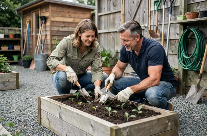 Couple jardant ensemble autour d'un bac potager surélevé en bois avec des gants et des outils de jardinage dans un jardin bien aménagé