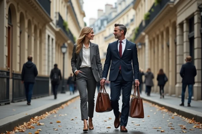 Un homme et une femme journalistes en conversation animée sur un boulevard haussmannien à Paris en automne