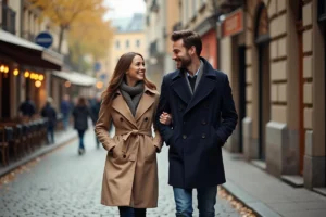 Couple complice se promenant dans une rue pavée européenne en automne, partageant un moment de rire naturel
