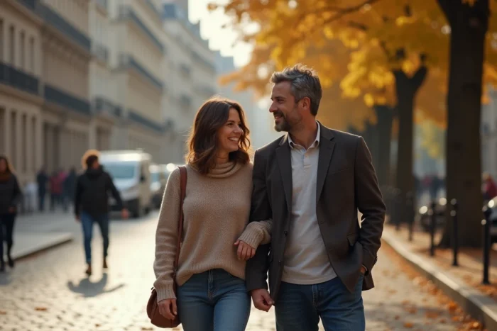 Couple élégant se promenant dans une rue parisienne en automne, symbolisant la vie de couple et la complicité amoureuse
