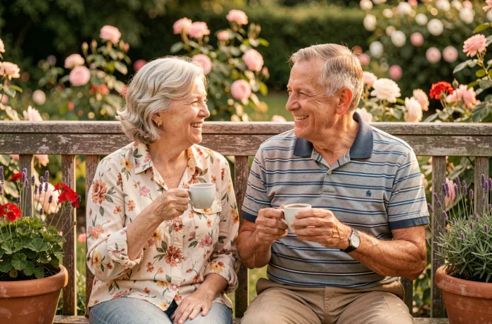 Couple de retraités savourant un café ensemble sur une terrasse entourée d'un jardin fleuri
