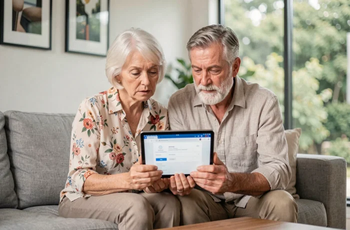 Couple de seniors explorant ensemble le plan d'un site internet sur une tablette dans leur salon