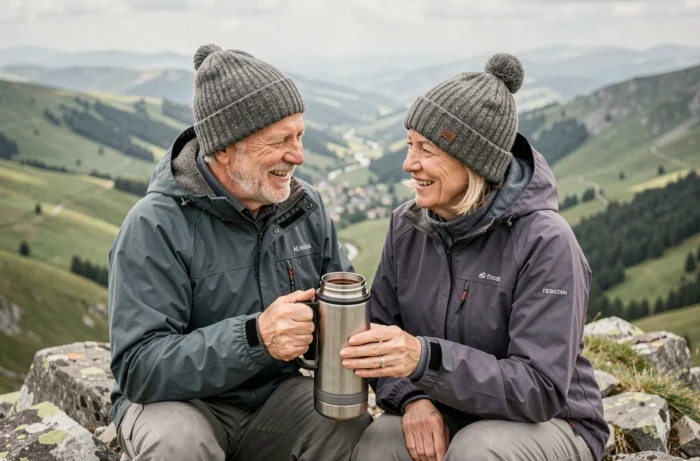 Couple de seniors partageant un moment de complicité au sommet d'une montagne lors d'une randonnée, paysage de vallée verdoyante en arrière-plan