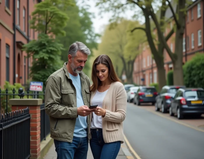 Couple visitant un bien immobilier et consultant une annonce sur smartphone devant un immeuble