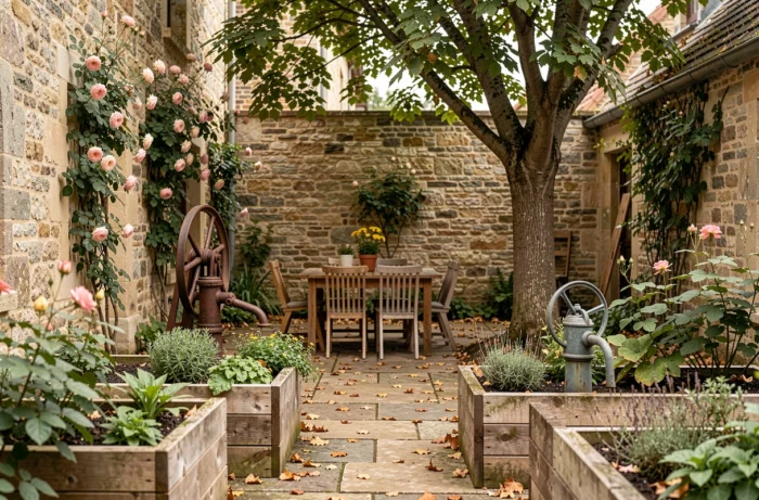 Cour intérieure d'une propriété bourguignonne avec jardin potager, pompe ancienne et murs en pierre calcaire, ambiance de maison de famille authentique