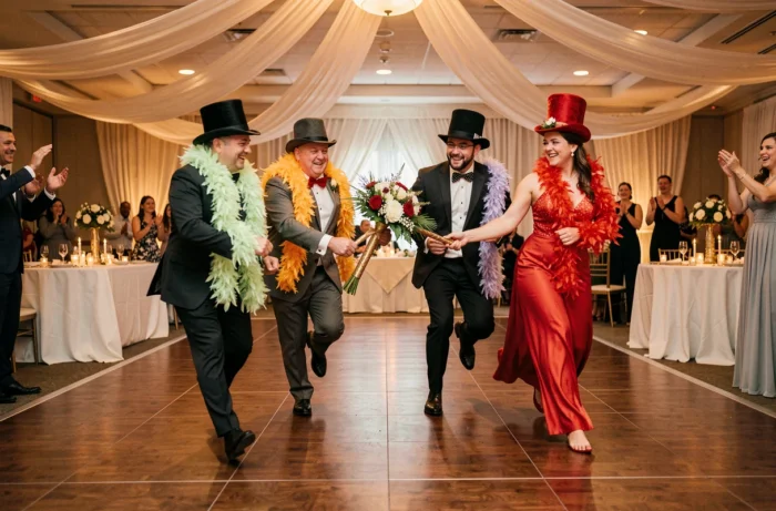 Invités en costumes fantaisistes courant un relais sur la piste de danse lors d'un jeu animé de soirée de mariage