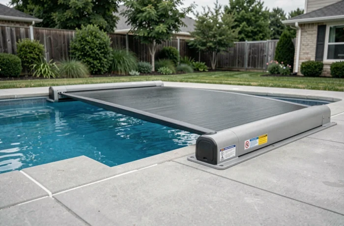 Couverture solaire automatisée de piscine en cours de rétractation, système de sécurité conforme aux normes avec boîtier encastré au bord du bassin