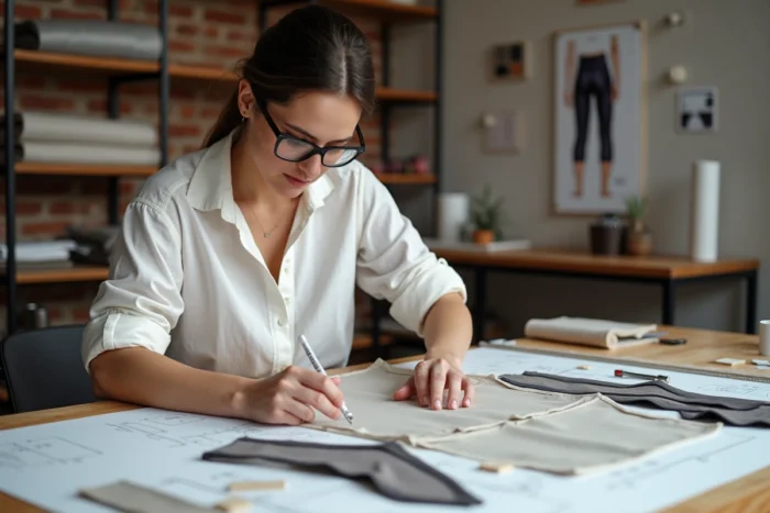 Créatrice textile examinant un prototype de maillot de bain menstruel dans un studio de design