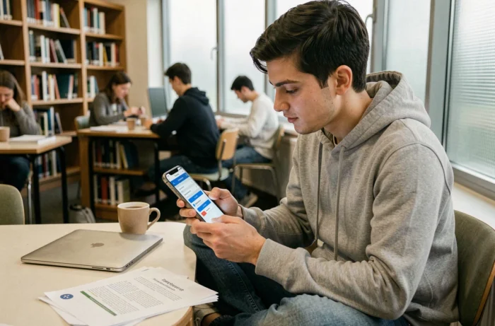 Un étudiant consultant la procédure de déblocage de son compte webmail académique sur son smartphone en bibliothèque