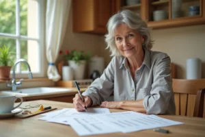 Femme remplissant une déclaration préalable de travaux à la maison pour remplacement de fenêtres