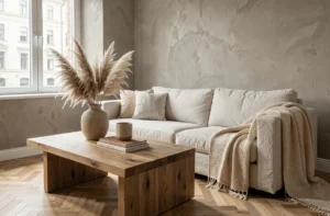 Salon scandinave moderne avec canapé en lin, vase céramique et plantes séchées sur table en chêne massif