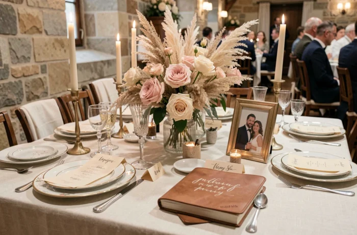 Table de réception de mariage décorée avec des éléments personnalisés comme des cartons de place en calligraphie et des menus sur mesure