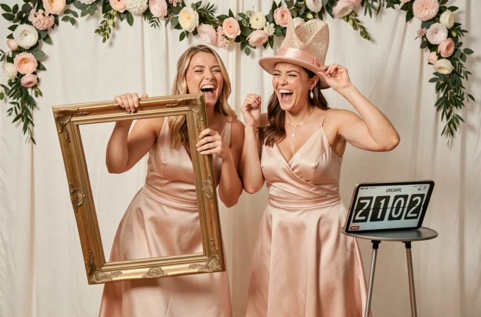 Deux demoiselles d'honneur riant lors d'un défi photo chronométré avec accessoires fantaisie devant un photobooth fleuri au mariage
