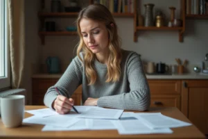 Femme consultant des documents administratifs de la CAF à son domicile, illustrant les démarches de régularisation des aides sociales