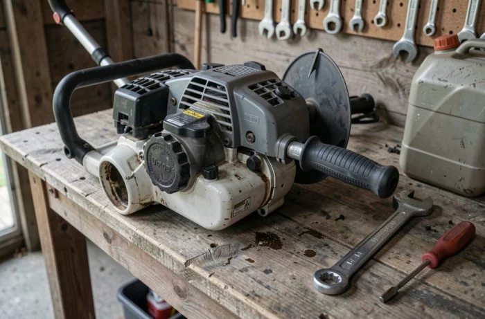 Débroussailleuse thermique posée sur un établi avec des outils d'entretien dans un atelier de jardin