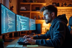 Développeur de mods assis devant plusieurs écrans affichant des interfaces de gestion de mods et du code, dans un bureau à domicile moderne