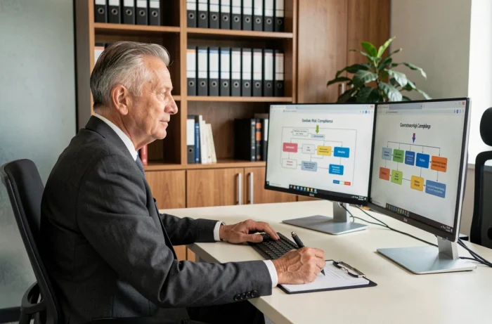 Dirigeant senior consultant des diagrammes de gouvernance et conformité GRC sur double écran dans un bureau exécutif