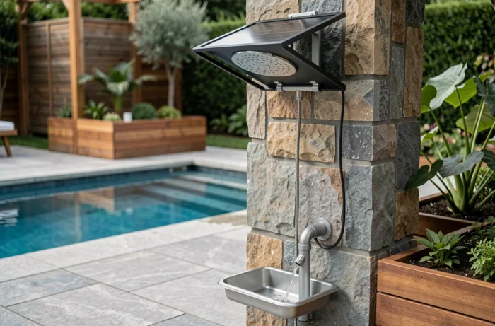 Douche solaire extérieure avec panneau solaire intégré, pomme de douche en inox et système de récupération d'eau vers un massif de plantes
