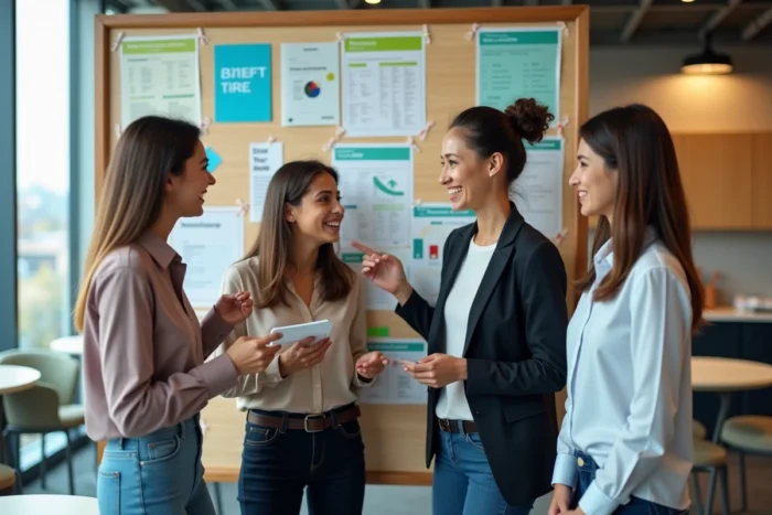 Employés découvrant les activités sociales et culturelles financées par le CSE Altran sur un tableau d'affichage d'entreprise