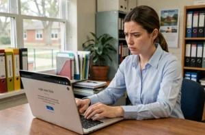 Une enseignante devant son ordinateur portable avec un message d'erreur de connexion sur le webmail académique de Créteil