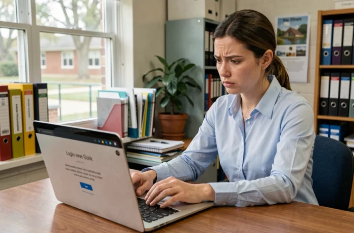 Une enseignante devant son ordinateur portable avec un message d'erreur de connexion sur le webmail académique de Créteil
