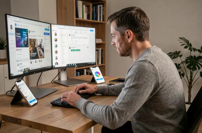 Entrepreneur indépendant gérant une campagne de marketing digital depuis son bureau à domicile
