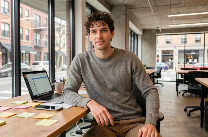 Entrepreneur utilisant un outil de planification de réseaux sociaux dans un espace de co-working contemporain