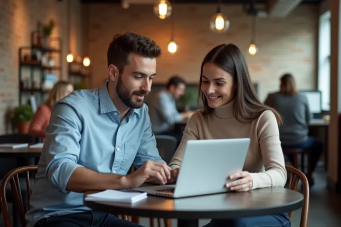 Deux entrepreneurs indépendants collaborant sur leur solution de gestion dans un espace de coworking moderne