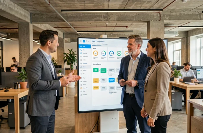 Équipe professionnelle collaborant autour d'un tableau de bord logiciel GRC affiché sur grand écran tactile dans un bureau moderne
