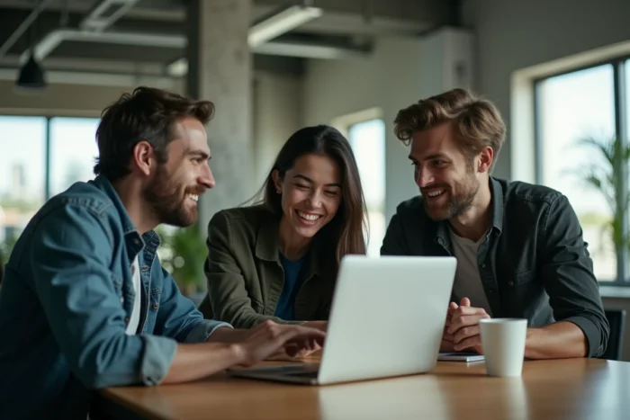 Groupe de développeurs discutant d'une refonte de plateforme de modding autour d'un ordinateur portable dans un espace de coworking