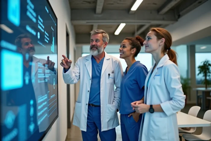 Équipe de professionnels de santé collaborant autour d'un écran numérique interactif dans un espace de travail innovant, illustrant les nouvelles solutions technologiques en santé