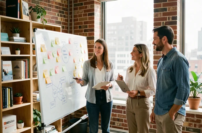 Équipe de professionnels du marketing collaborant autour d'une stratégie digitale sur un tableau blanc
