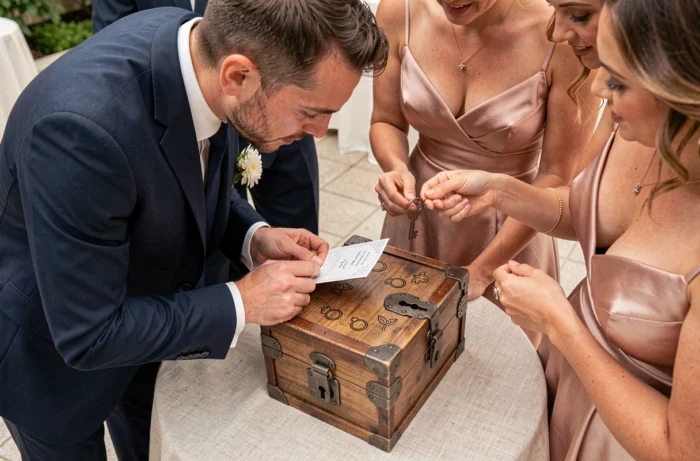 Invités du mariage concentrés autour d'une boîte d'escape game miniature décorée de symboles d'alliances sur une table cocktail