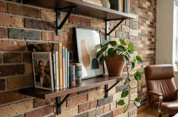 Étagère décorée avec livres, pot en terracotta et plante verte sur mur de briques dans un bureau vintage