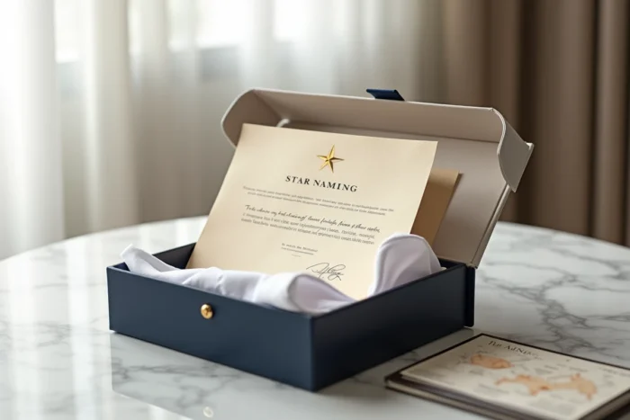 Certificat de baptême d'étoile dans un coffret marine avec carte des constellations sur marbre