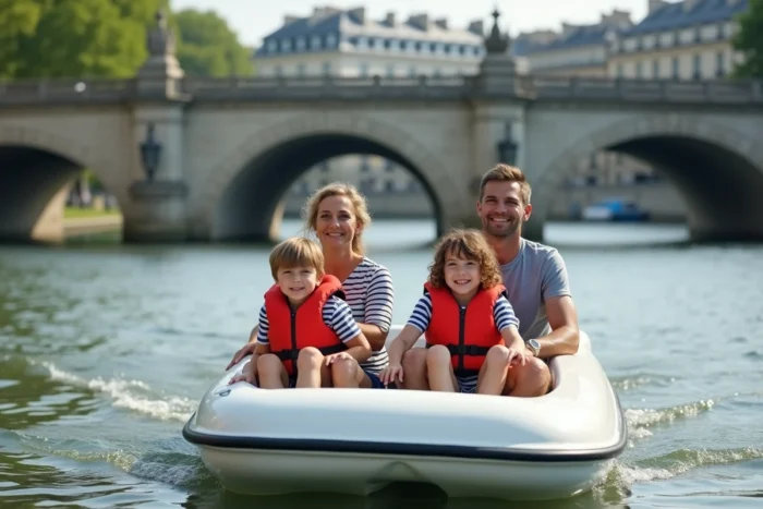 Famille en pédalo sur une rivière urbaine en banlieue parisienne avec pont en pierre en arrière-plan
