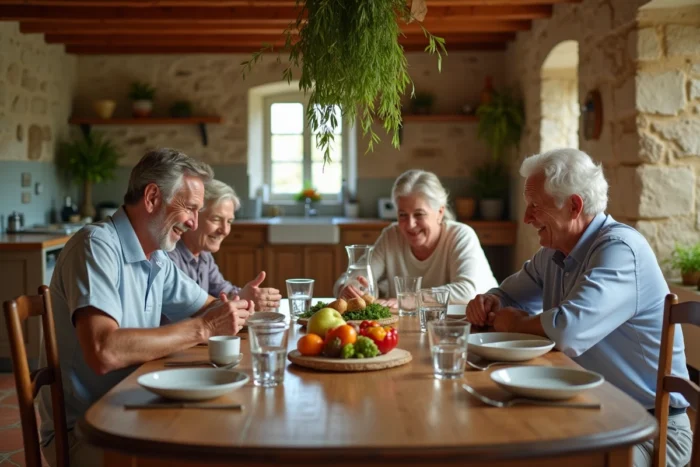 Famille réunie autour d'un repas dominical dans une cuisine de campagne française, illustrant la vie de famille et les liens proches