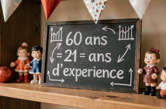Tableau ardoise avec une fausse statistique humoristique sur les 60 ans écrite à la craie blanche