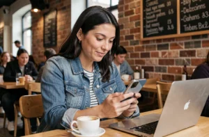 Femme consultant les dernières actualités insolites sur son smartphone dans un café urbain moderne