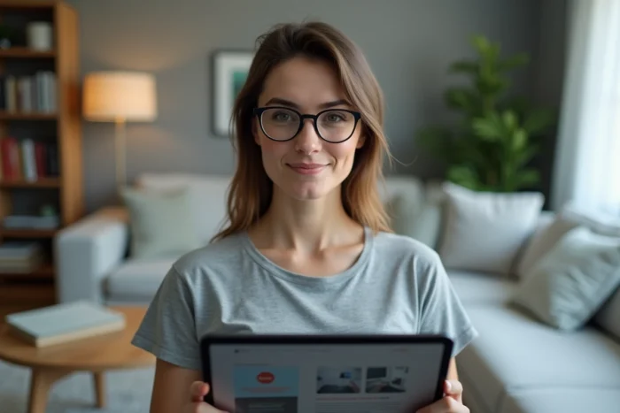 Femme tenant une tablette affichant l'annonce de rebranding d'une plateforme de modding dans un appartement minimaliste