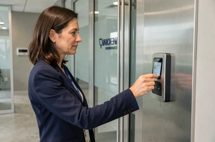 Femme cadre utilisant un badge d'accès sur un lecteur de contrôle d'accès à l'entrée d'un immeuble de bureaux professionnel