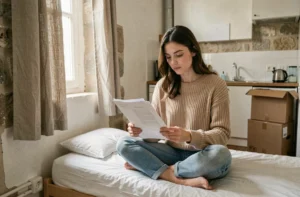 Jeune femme étudiant un bail locatif dans un studio T1 parisien avec kitchenette visible en arrière-plan
