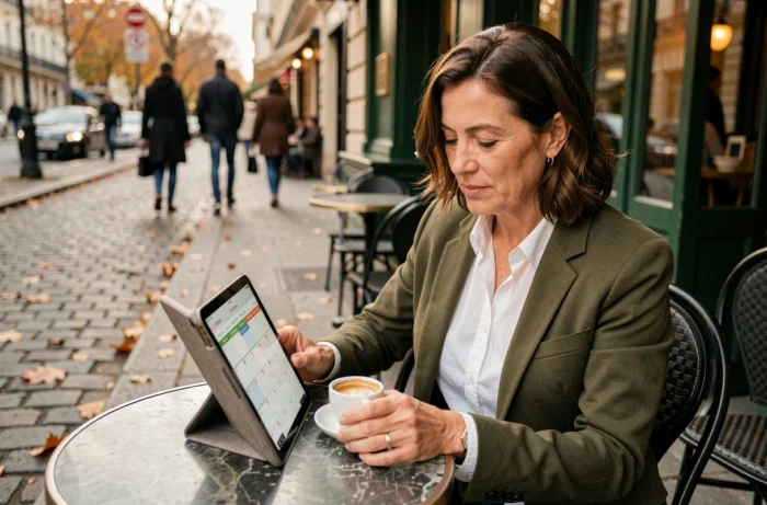 Femme blogueuse planifiant son calendrier éditorial en terrasse de café pour rentabiliser son blog quotidien