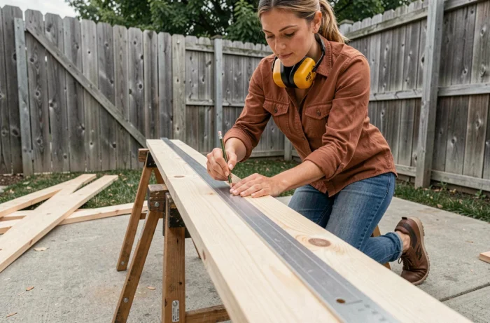Femme bricolant dans son jardin traçant une ligne de coupe droite sur une planche en bois avec une règle aluminium avant d'utiliser une scie circulaire