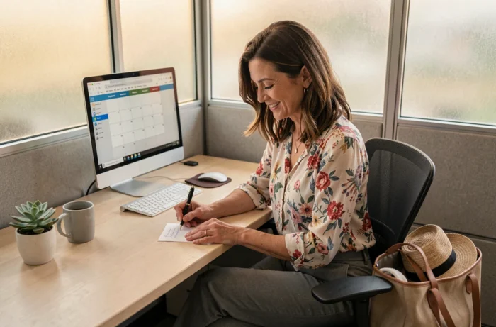 Femme au bureau rédigeant un message de bonnes vacances à la main pour ses collègues